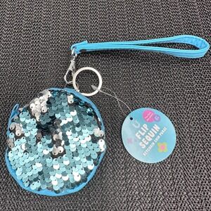 U Style Flip Sequin Keychain Coin Purse Blue Silver Wristlet NWT 25177